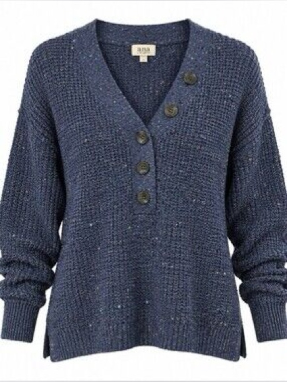 a.n.a Plus Size 3X Blue Confetti Knit Asymmetric Button V-Neck Sweater NWT